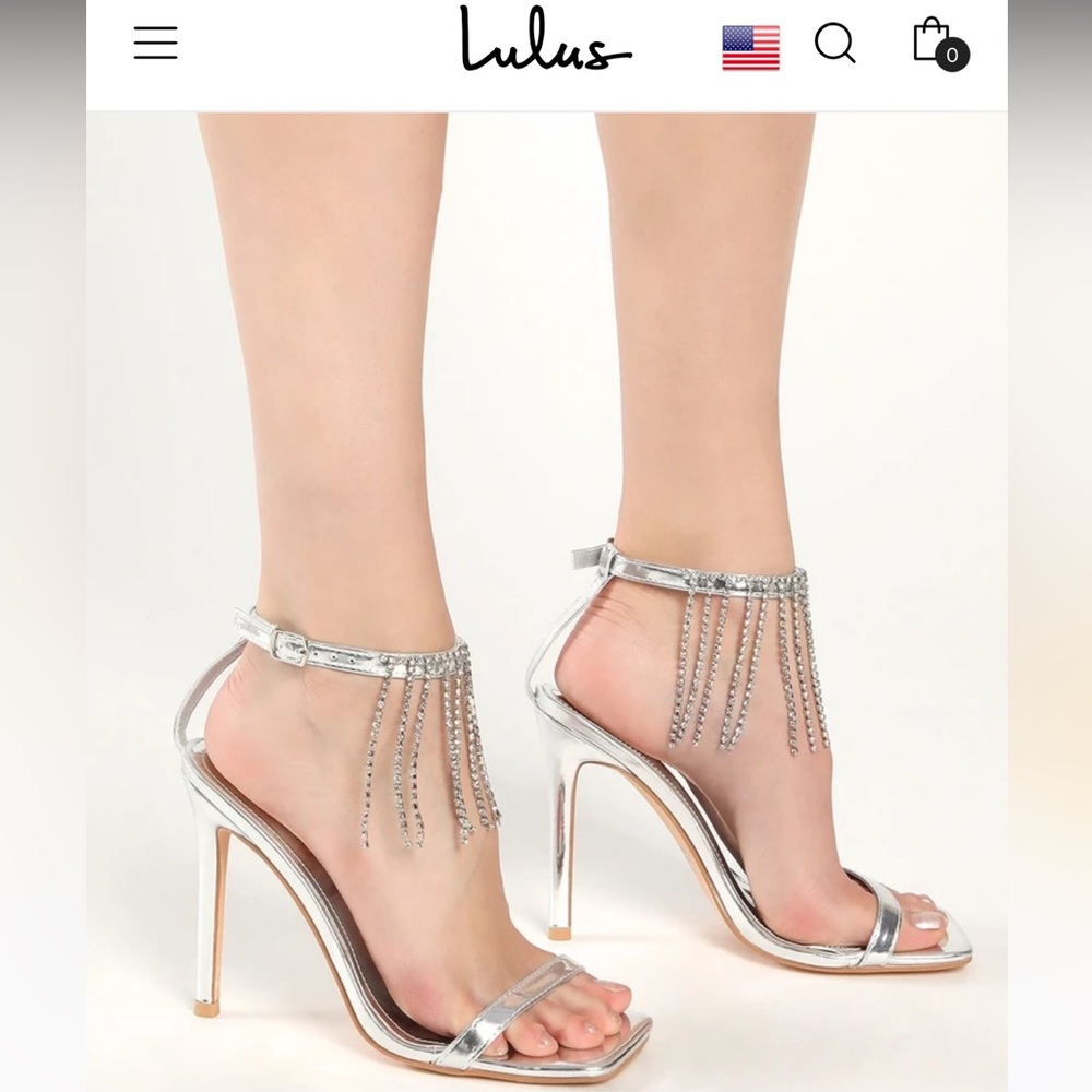 Lilyco Silver Patent Rhinestone Fringe High Heel Sandals 4.5” inch heel